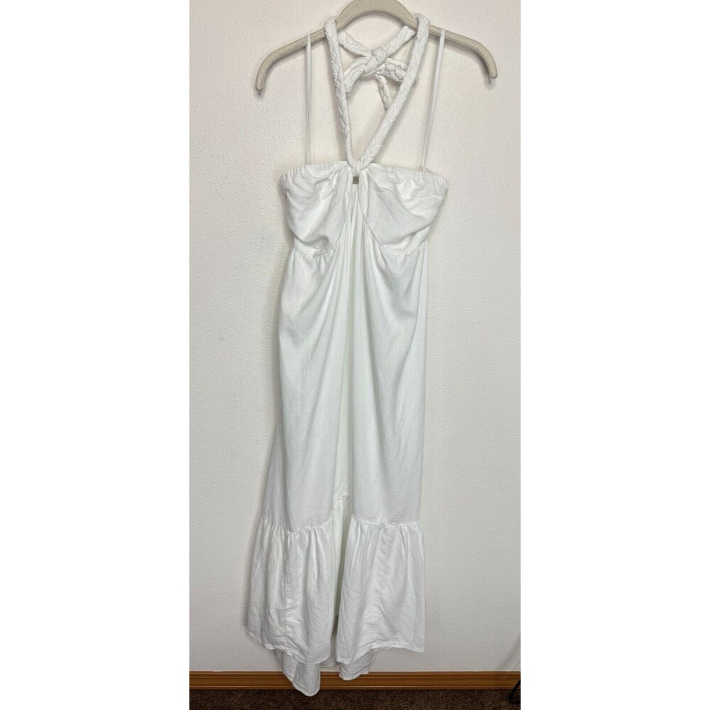 Aerie Sz XL Braided Halter Maxi Sundress White Smocked High Low Linen Blend NWT - Picture 4 of 16